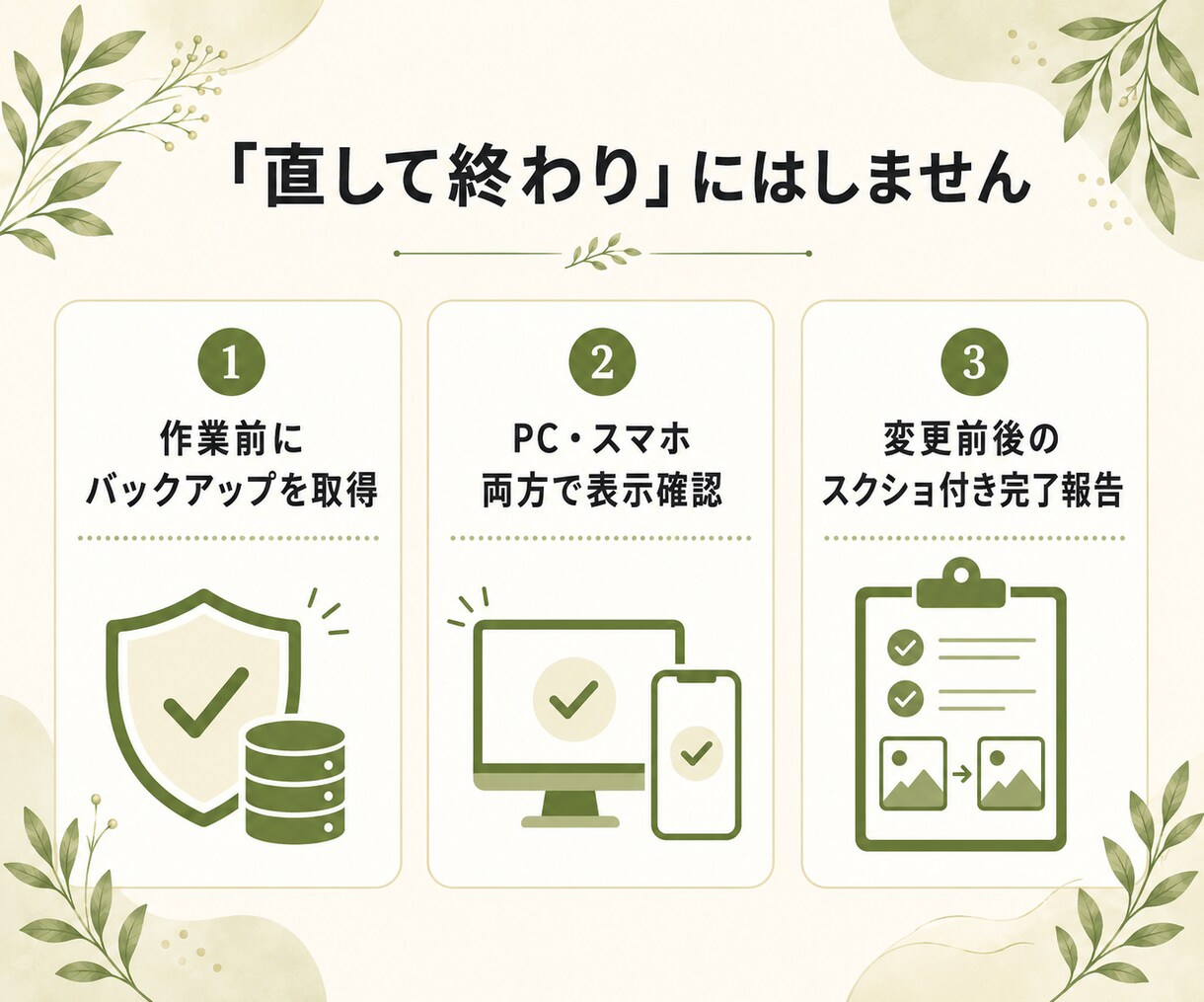 HPの文言・画像を1箇所3,000円で修正します 「ここだけ直したい」に、バックアップ付きで即対応。 イメージ4