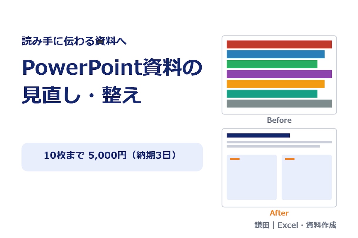 伝わるPowerPoint資料に整えます 構成の見直しから配色・フォントの統一まで丁寧に仕上げます イメージ1