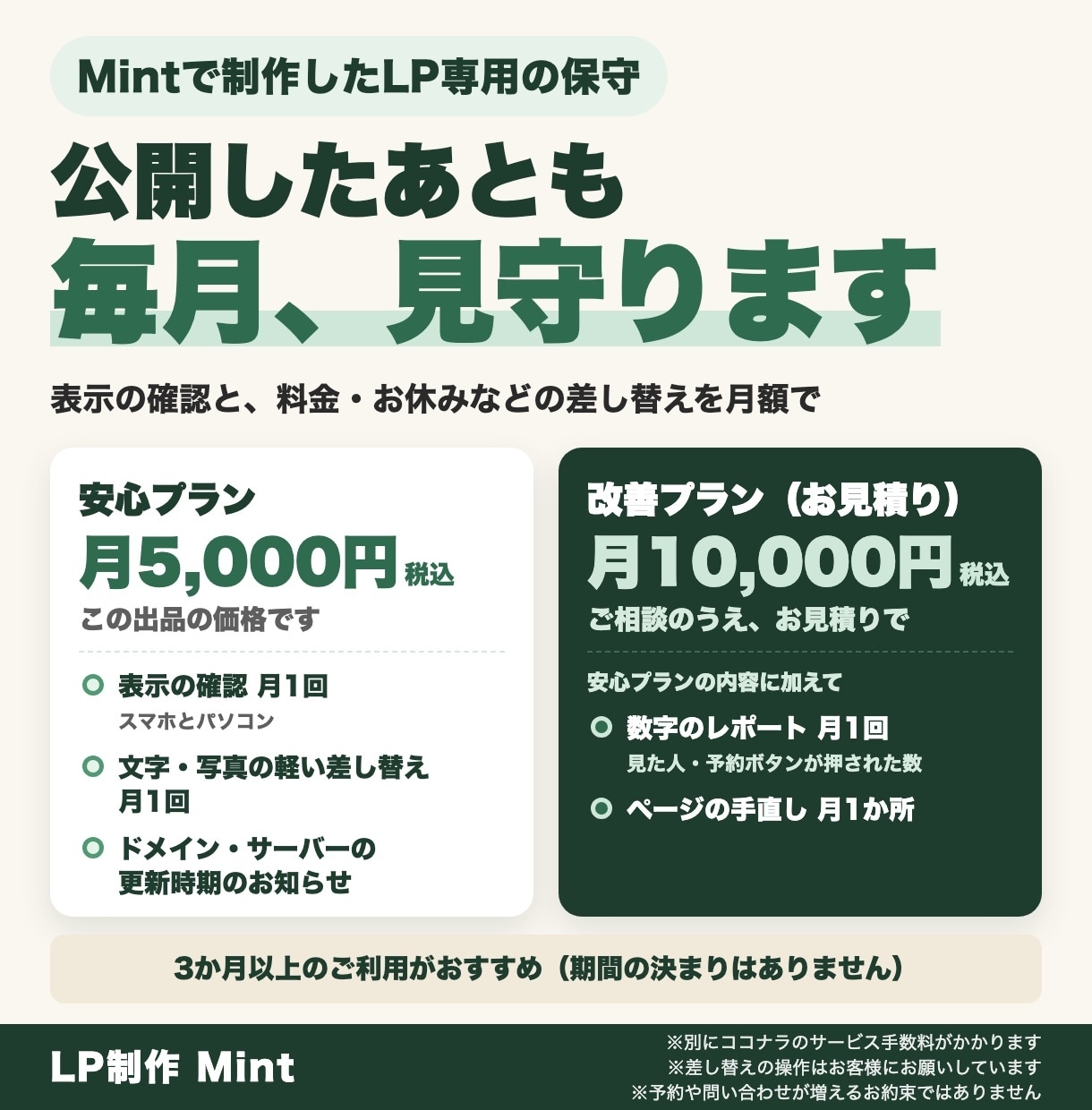 個人サロンのLP、公開後の管理と手直しを毎月します Mintで制作したLP専用。毎月の確認と差し替え イメージ1