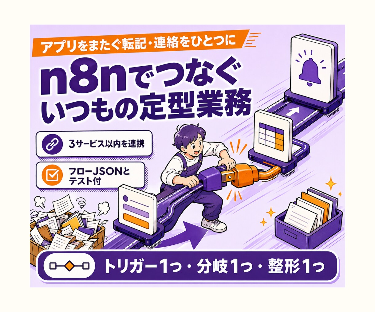 n8nの業務自動化フローを構築します 1トリガー最大3サービスのフローをJSONで納品 イメージ1