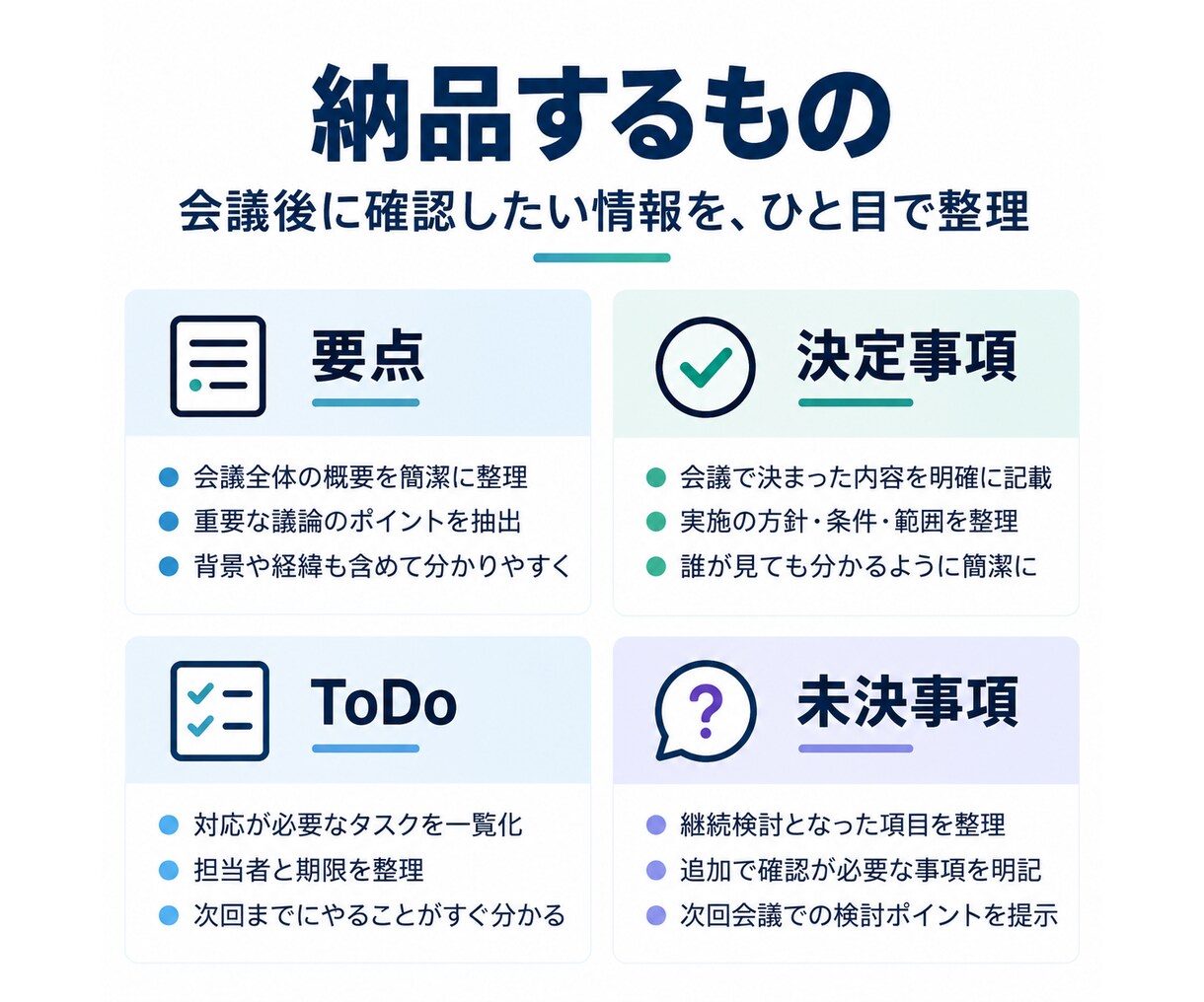 文字起こしを次の行動が分かる議事録に整えます 決定事項・ToDo・担当・期限・持ち越しまで整理します イメージ2