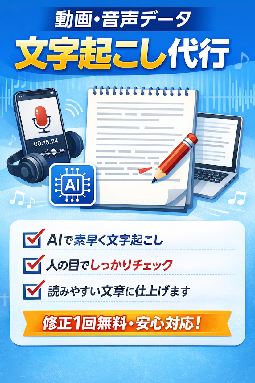 動画や音声の文字起こしを丁寧に行います 動画・音声データを読みやすい文章に文字起こしします。 イメージ1