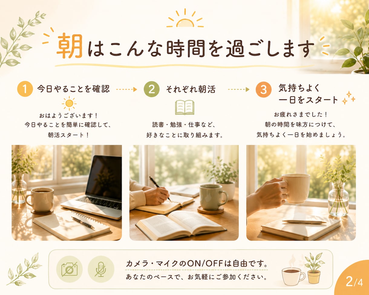 朝活サポート｜朝時間を有効活用します 一人では始めにくい朝も、一緒なら一歩踏み出せる。 イメージ2