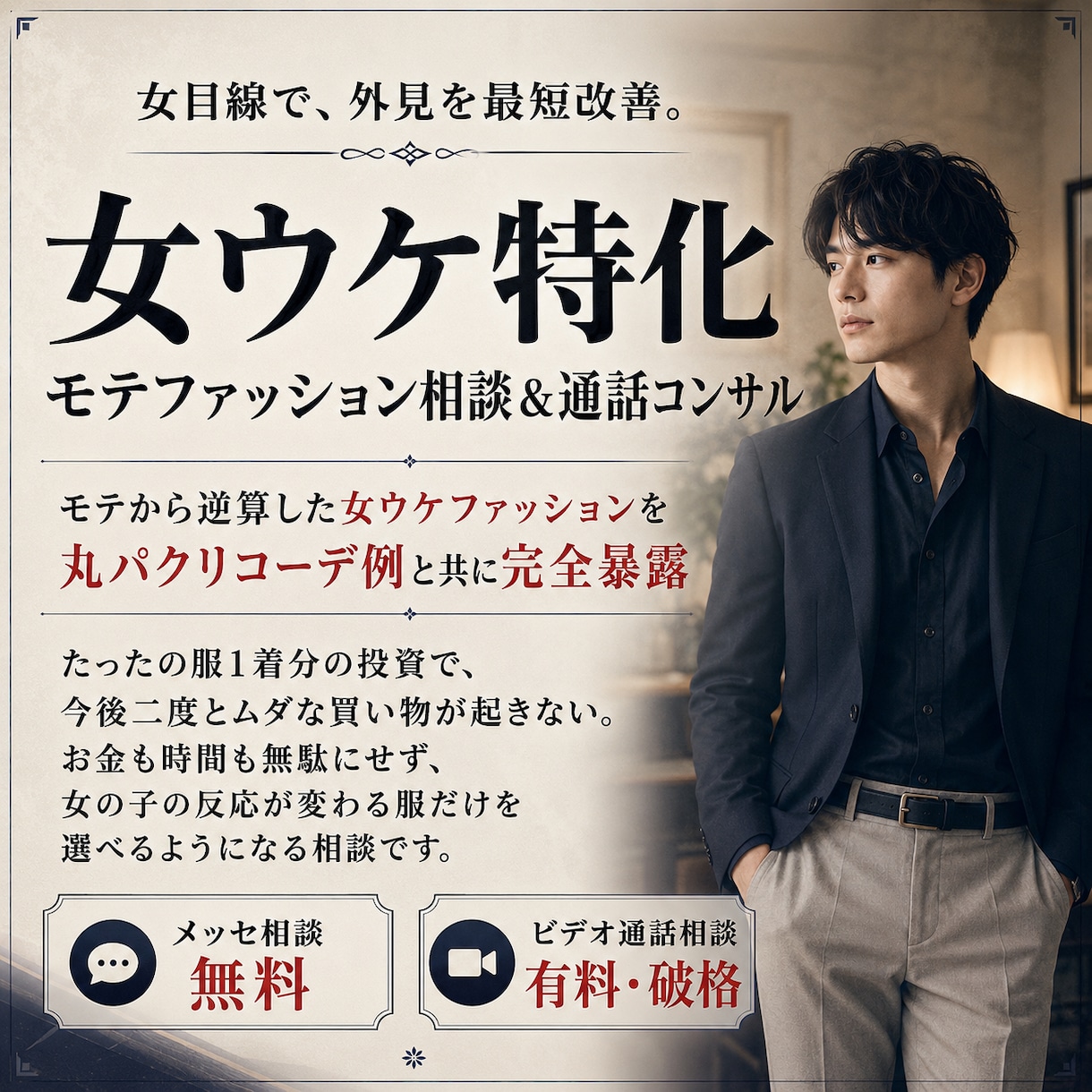 女ウケ特化モテファッション相談＆通話コンサルます モテから逆算した女ウケファッションを丸パクリコーデ例完全暴露 イメージ1