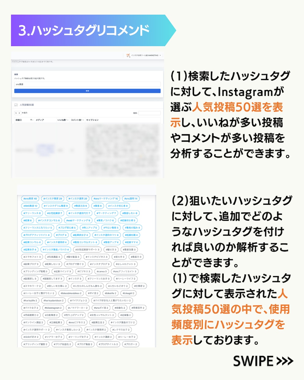 Instagramの多機能分析ツール導入します インスタの分析に必要な、インサイト、競合分析、＃選定ツール イメージ3