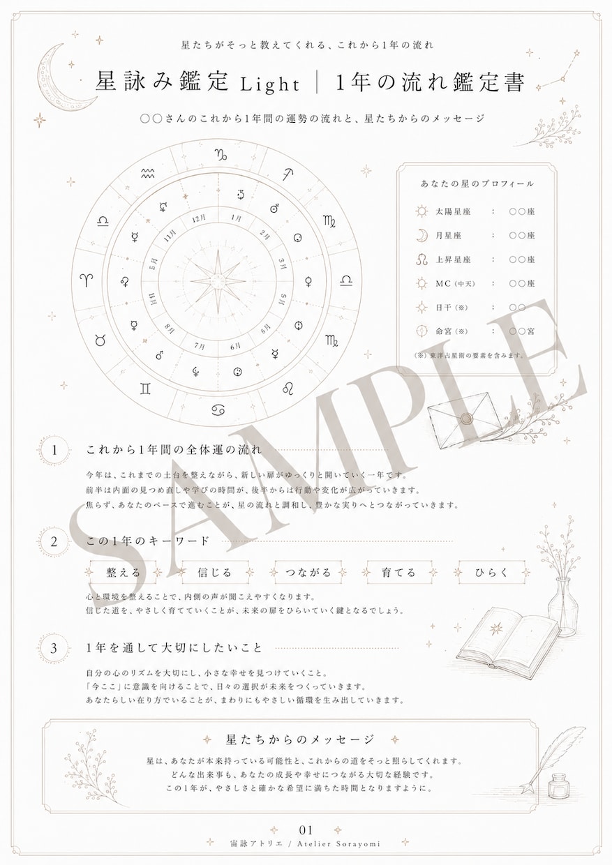 星詠み鑑定 Light｜1年の流れを読み解きます 四占術で運勢を総合的に深く鑑定し、鑑定書で詳しく丁寧に解説 イメージ2