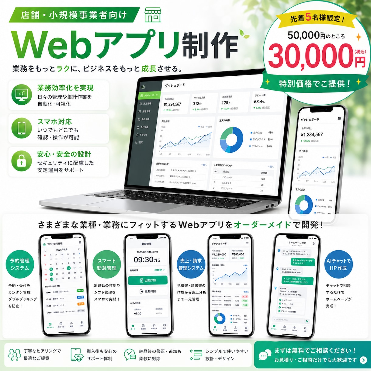 小さな会社・店舗向けのWebアプリを制作致します 予約・顧客・在庫・勤怠など面倒な業務をシンプルにします イメージ1
