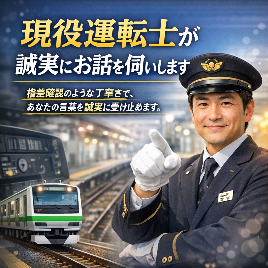 現役運転士が誠実にお話をお伺いします 指差確認のような丁寧さで、あなたの言葉を誠実に受け止めます。 イメージ1