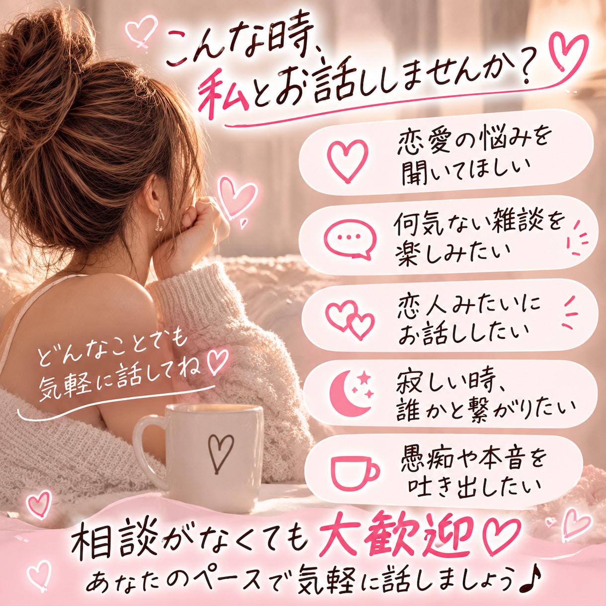 恋愛相談も雑談も♡1日ゆっくりお付き合いします 何気ない日常から誰にも言えない恋の悩みまで♡気軽にどうぞ イメージ2
