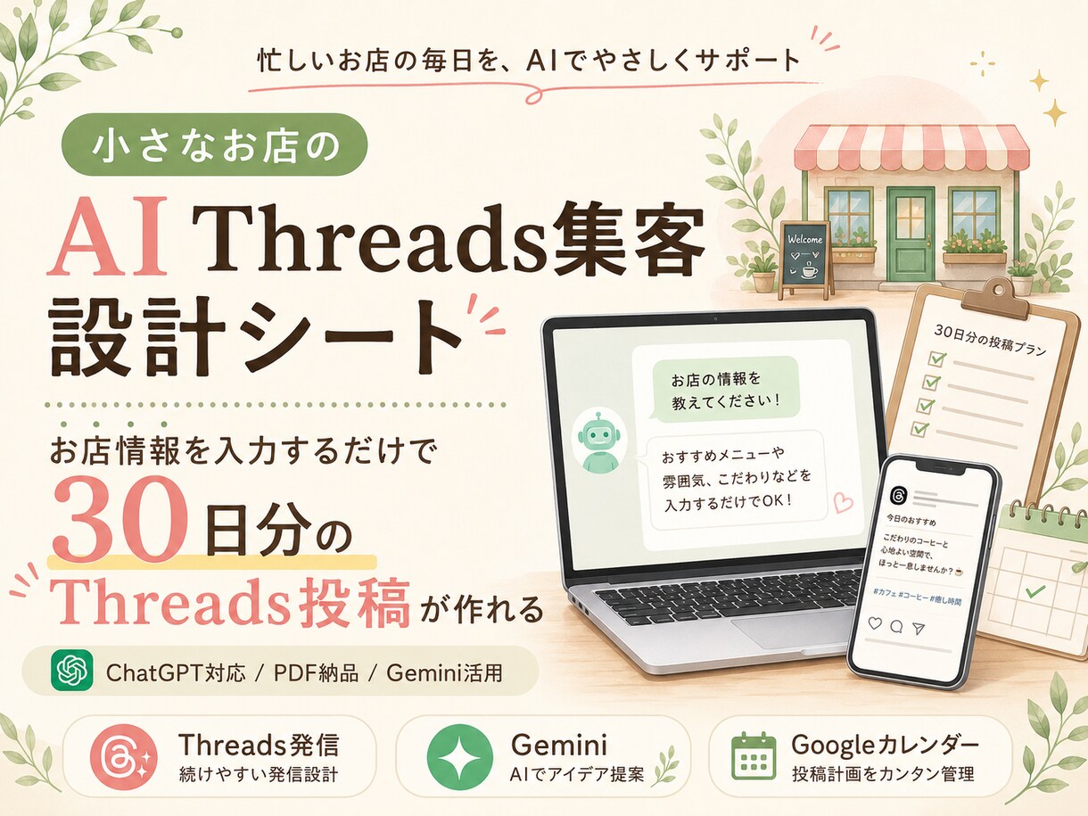 小さなお店のAI集客設計シートを販売します ChatGPTで30日分のSNS投稿が作れるテンプレPDF イメージ1