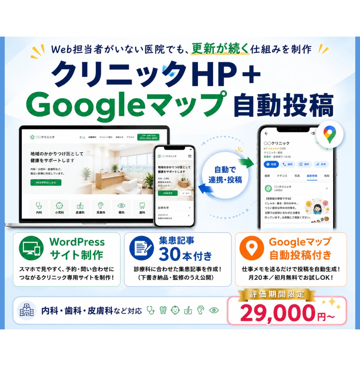 クリニック集患サイト×Gマップ自動連携を制作します 内科・歯科・皮膚科対応｜記事30本とGマップ自動投稿付き イメージ1