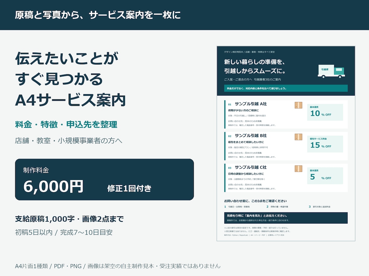 原稿と写真からサービス案内をA4一枚に整えます 料金・特徴・申込先を整理／PDF・PNG納品 イメージ1