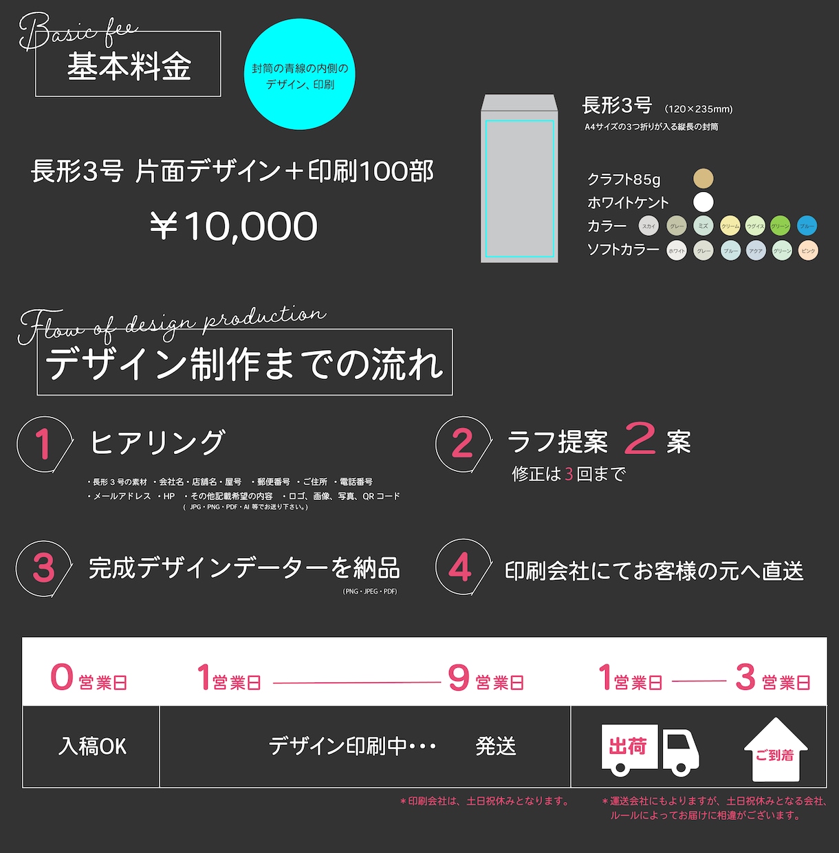 長形３号封筒デザインと印刷×１００枚 直送します おしゃれでかわいい封筒でブランディング☆ イメージ2