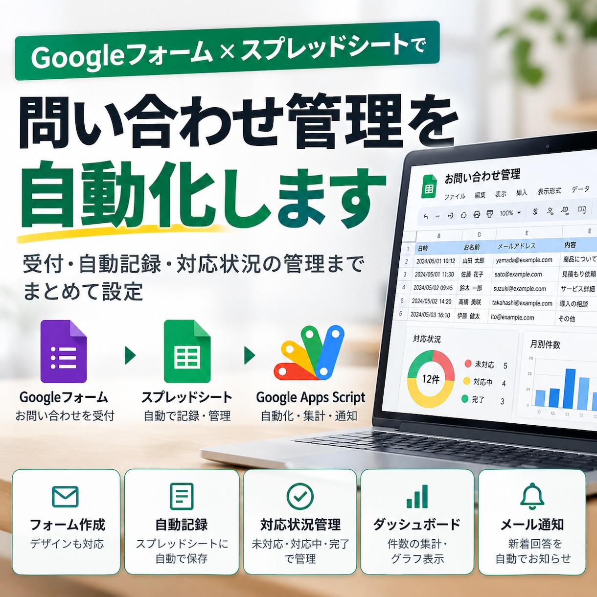 Googleフォームで問い合わせ管理を自動化ます 受付・自動記録・対応状況の管理までまとめて設定 イメージ1