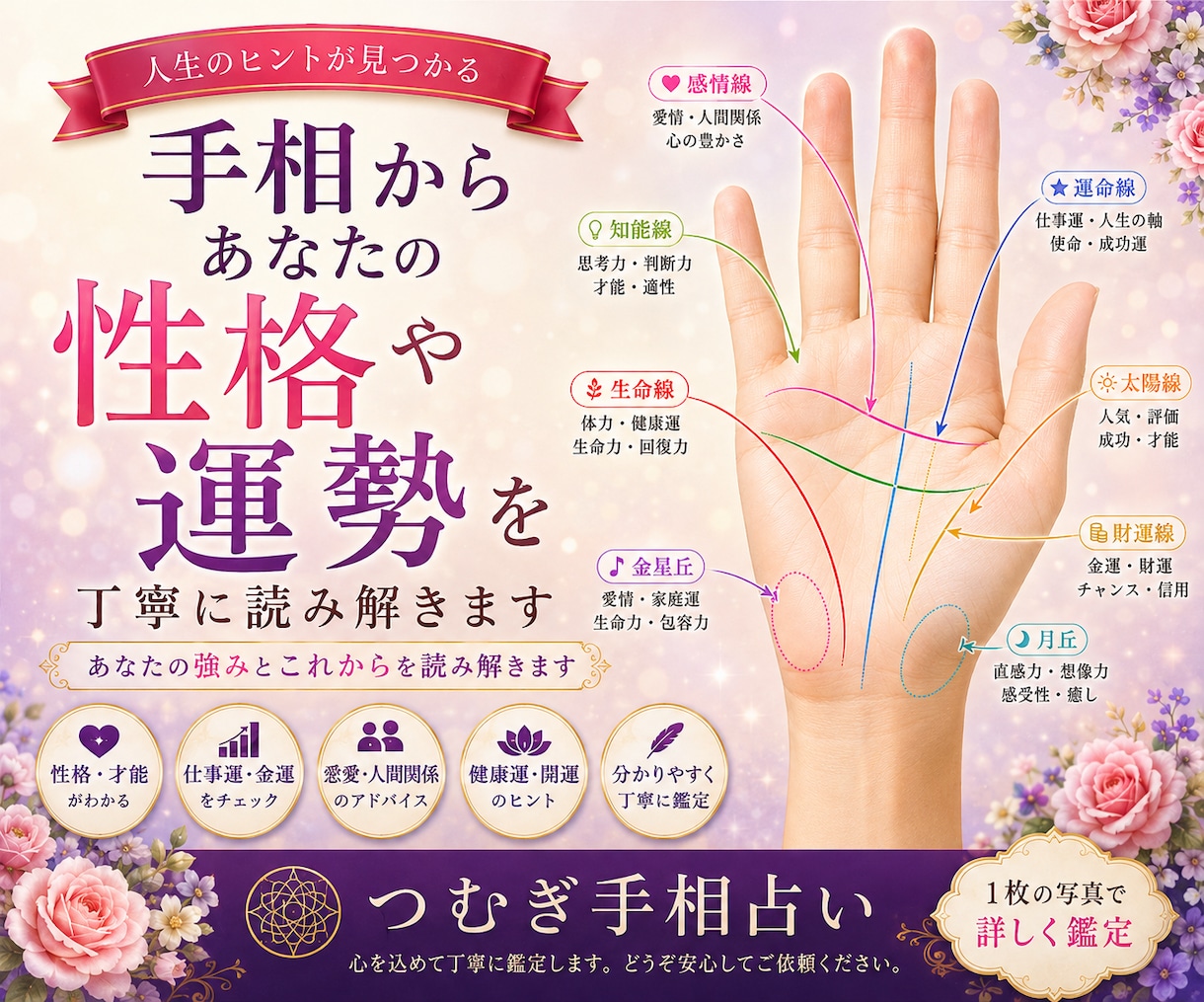 手相であなたの未来を丁寧に鑑定します あなたの性格や運勢を丁寧に読み解きます。写真を送るだけ！ イメージ1