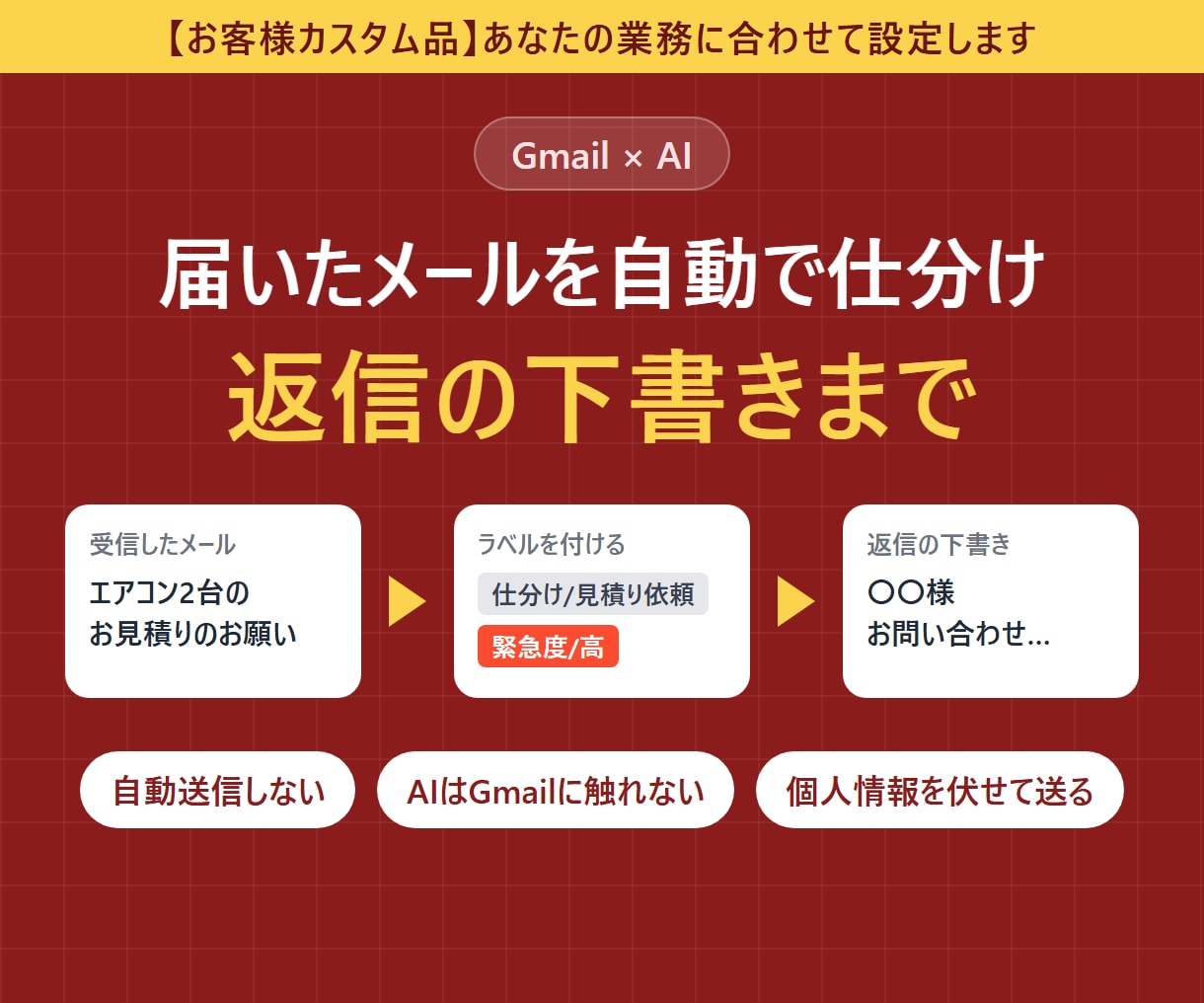 Gmailの仕分けと返信下書きをAIで自動化します 送信は人の手で。AIはGmailに触れない安全設計 イメージ1