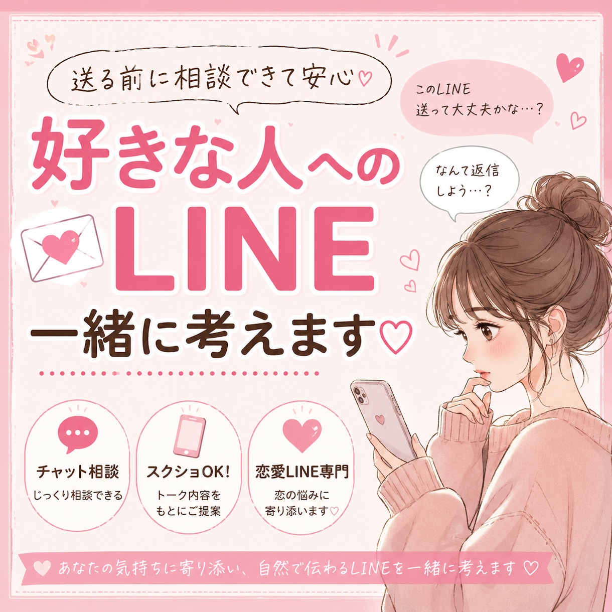 恋愛LINEのお悩み、一緒に解決します 返信の添削、恋愛相談など幅広く対応いたします。 イメージ1