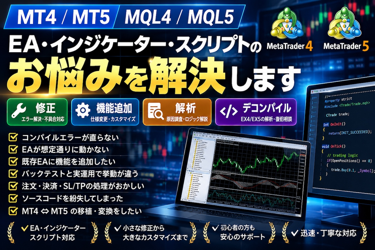 MT4・MT5・MQLのお悩みを解決します EA・インジの修正・解析・デコンパイルも対応します イメージ1