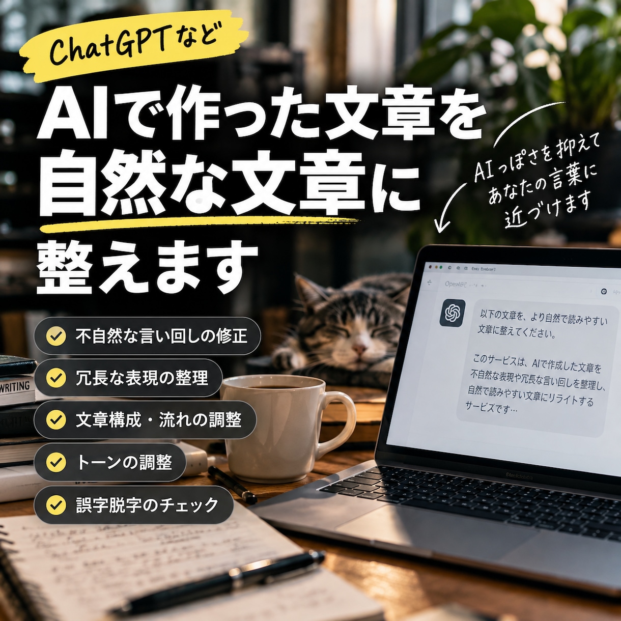 AIで作った文章を自然な文章に整えます AIっぽさを抑えて、あなたの言葉に近づけます イメージ1