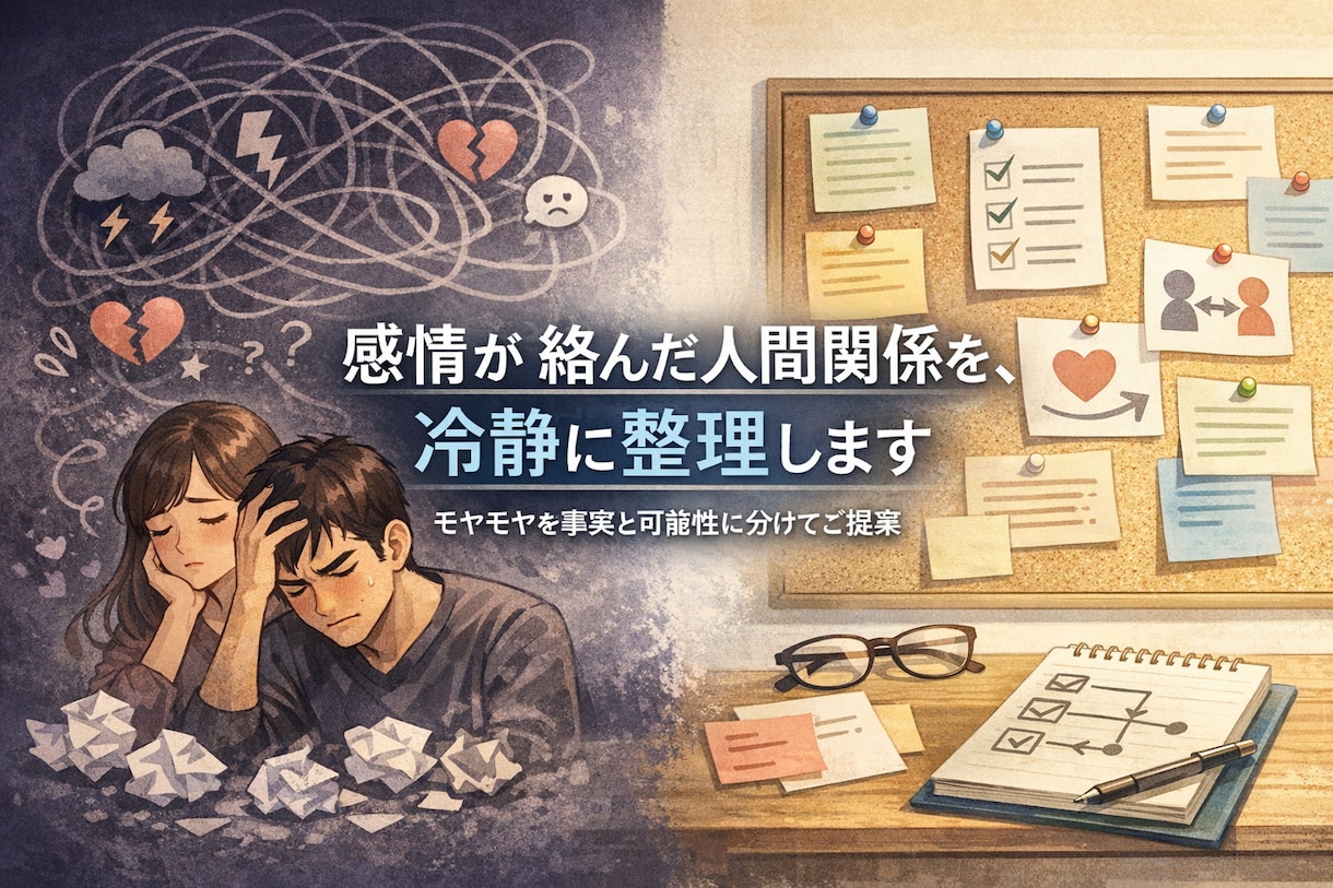 感情が絡んだ人間関係を、冷静に整理しまます モヤモヤ／未練／怒りを、事実と感情に分けて言語化します イメージ1