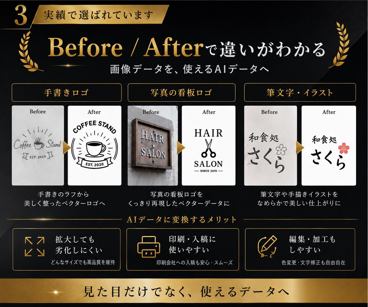 IllustratorのAIデータに画像変換します 画像や写真しかなくても大丈夫。使えるAIデータに変換します。 イメージ4