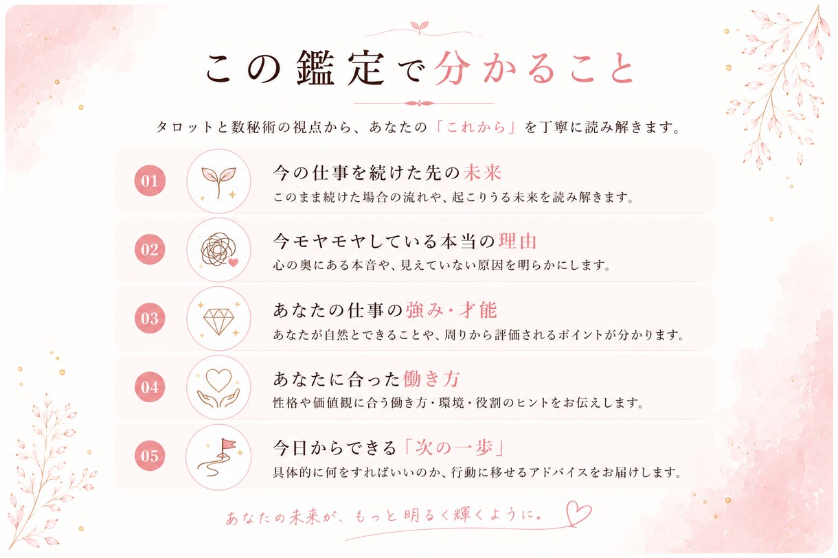 今の仕事のモヤモヤを整理し次の一歩を見つけます 【タロット＋数秘術】で仕事の不安を整理し前向きな一歩へ イメージ4