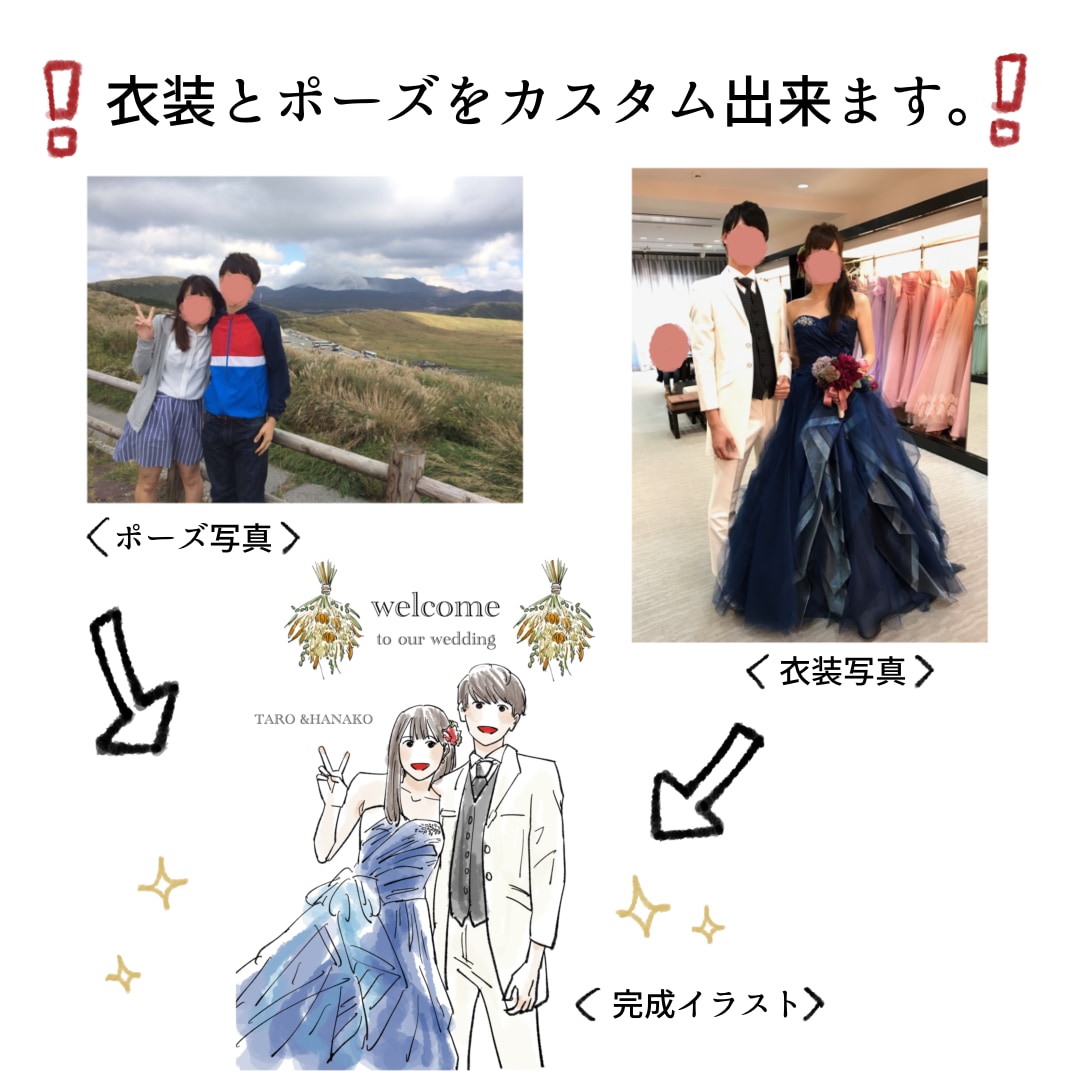 結婚式の似顔絵ウェルカムボード描きます 前撮りしてなくても大丈夫！好きな衣装や表情にチェンジ♪ イメージ3