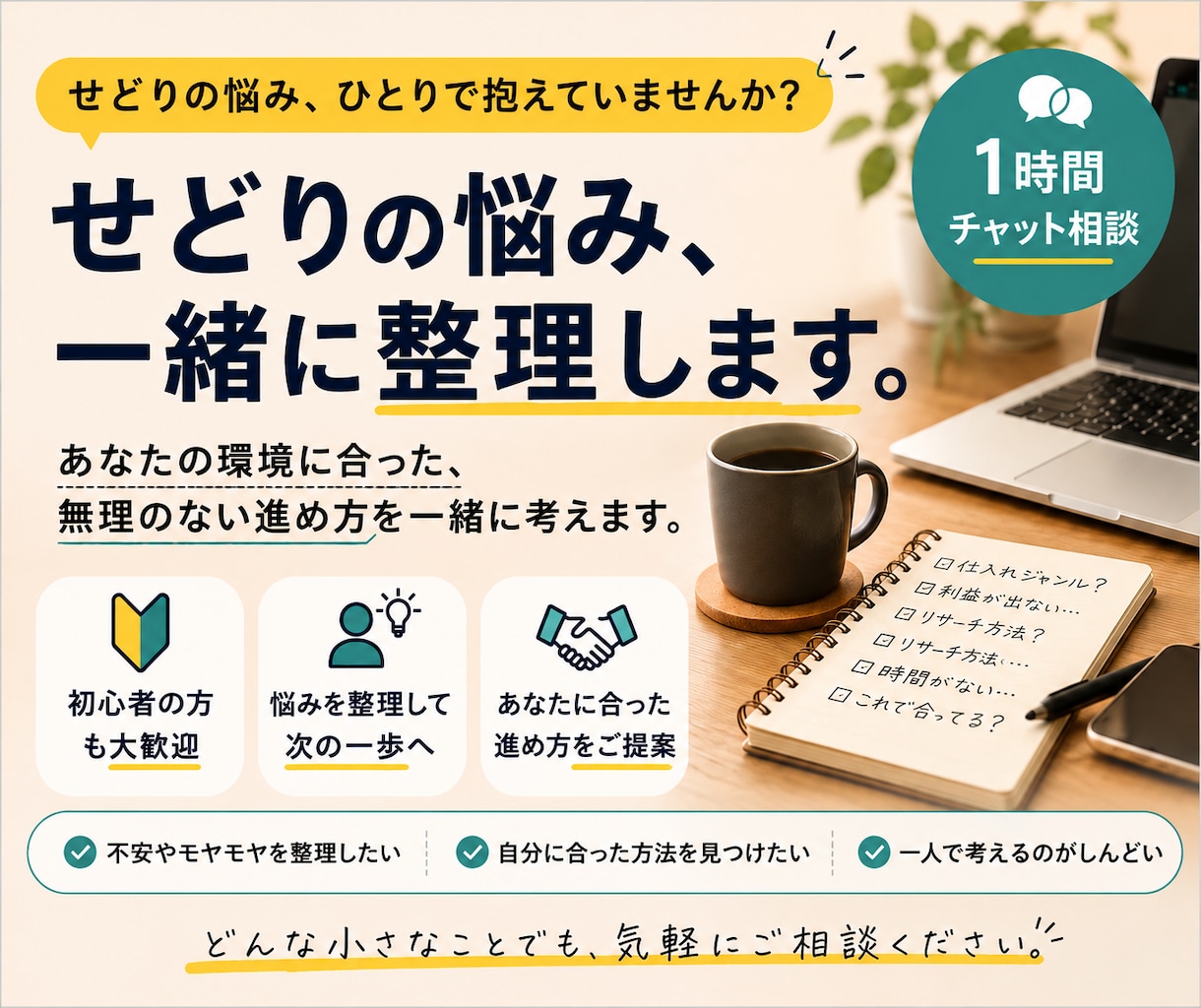 せどりの不安・悩みを一緒に整理し、進め方を考えます 中古せどり専業者の私が実体験を元にアドバイスします。 イメージ1