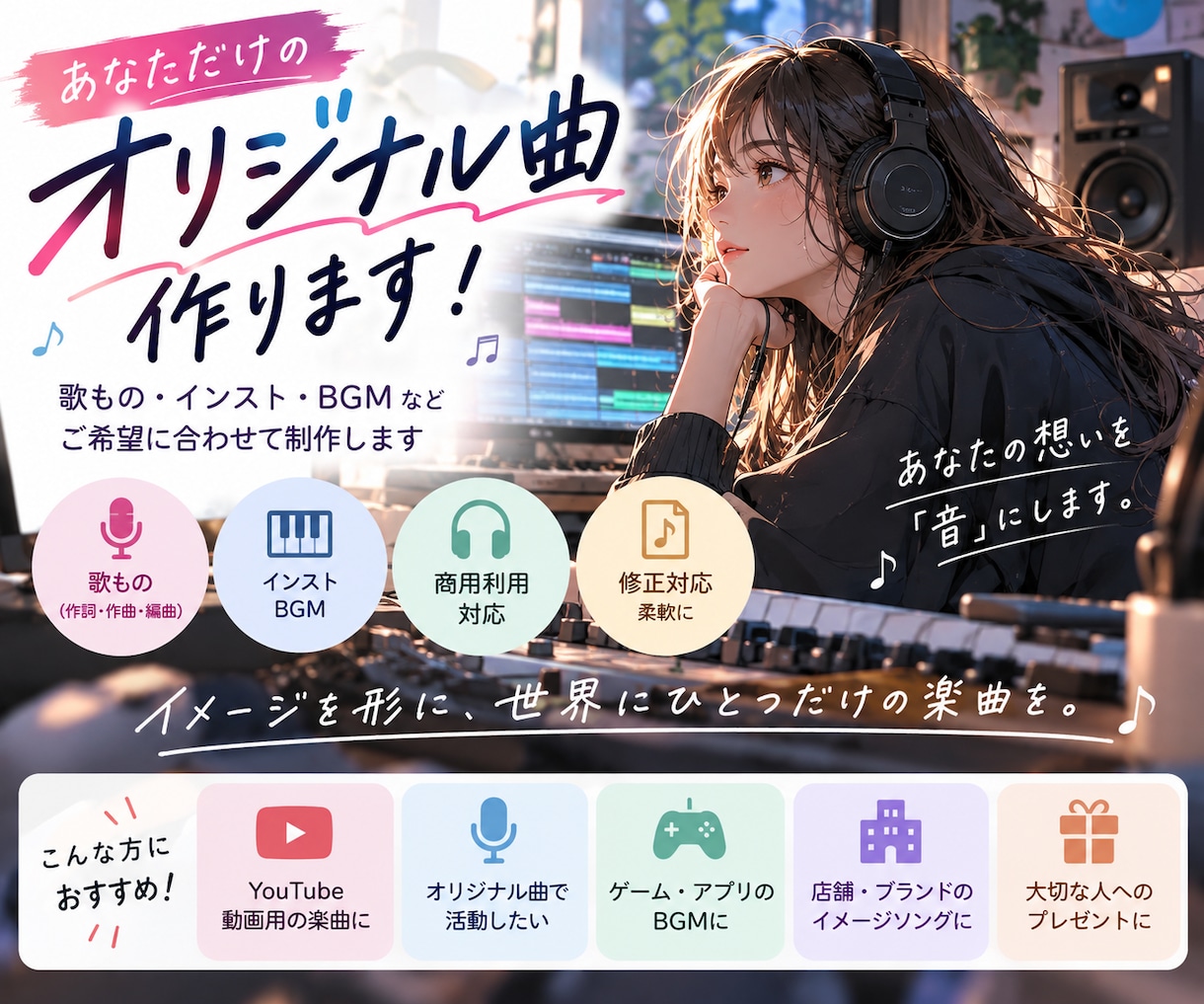 あなた専用のオリジナル曲を制作します あなたのイメージを世界にひとつだけの楽曲にします イメージ1