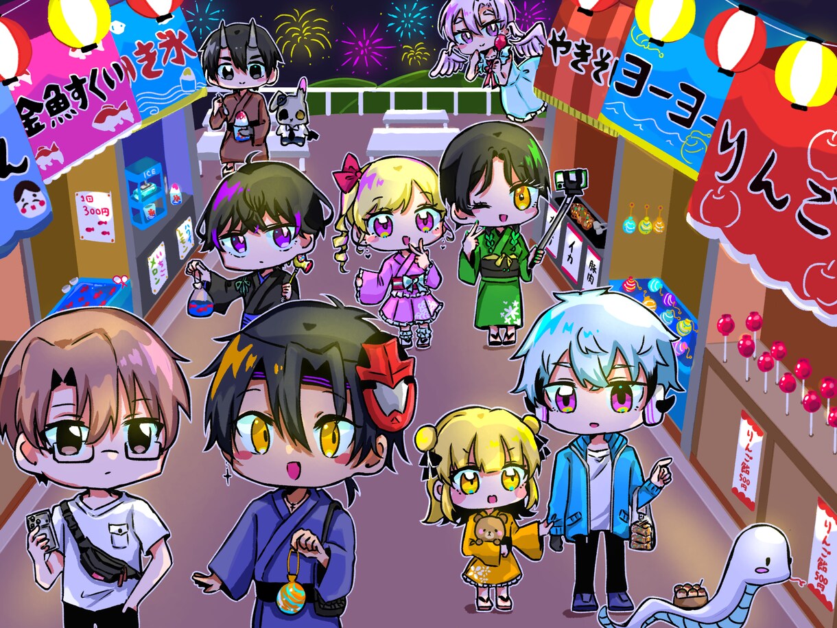 最大10人まで背景有りのミニキャラ一枚絵を描きます 生き生きとしたキャラクター達を描きます！ イメージ4