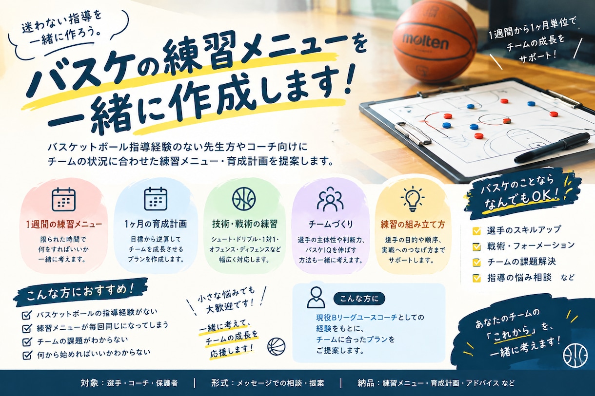 バスケの練習メニュー作成・チーム育成サポートします 新米バスケコーチ、バスケ指導経験のない先生向け イメージ1