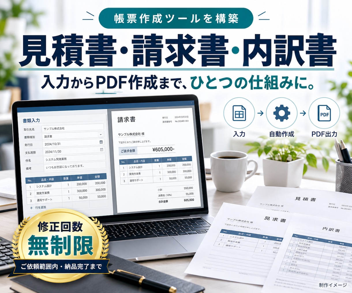 今の書式で請求書・見積書の作成を自動化します 内訳書・PDF出力まで｜既存デザイン相談可・修正無制限 イメージ1