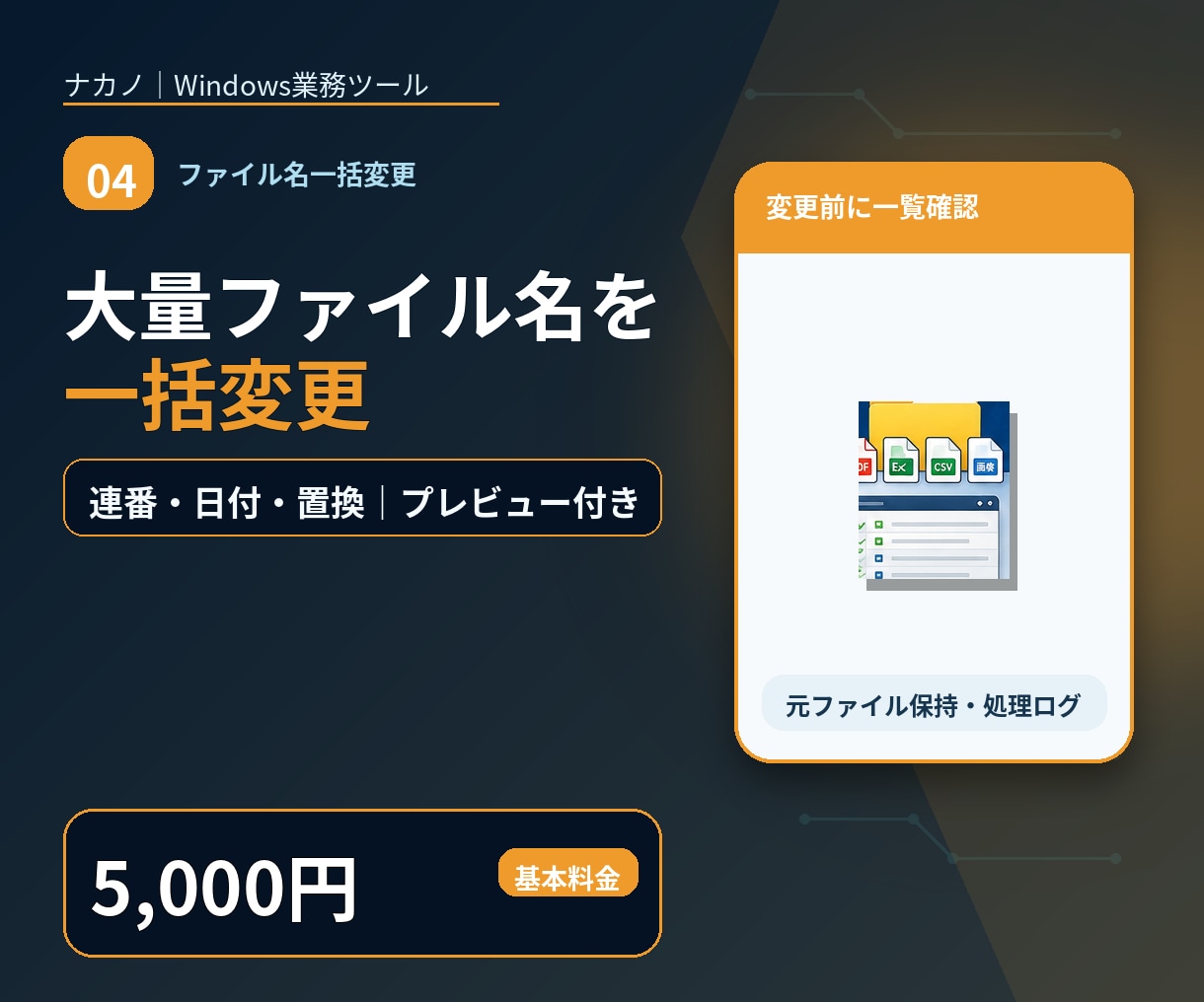 大量ファイル名をルール通り一括変更します 連番・日付・置換をプレビュー付きで安全に処理 イメージ1