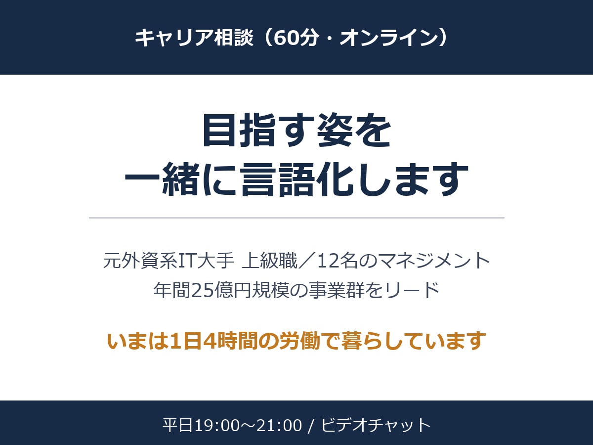 元外資マネージャーが目指す姿を一緒に言語化します 12名を率いた元管理職が、あなたの次の一歩を一緒に決めます イメージ1