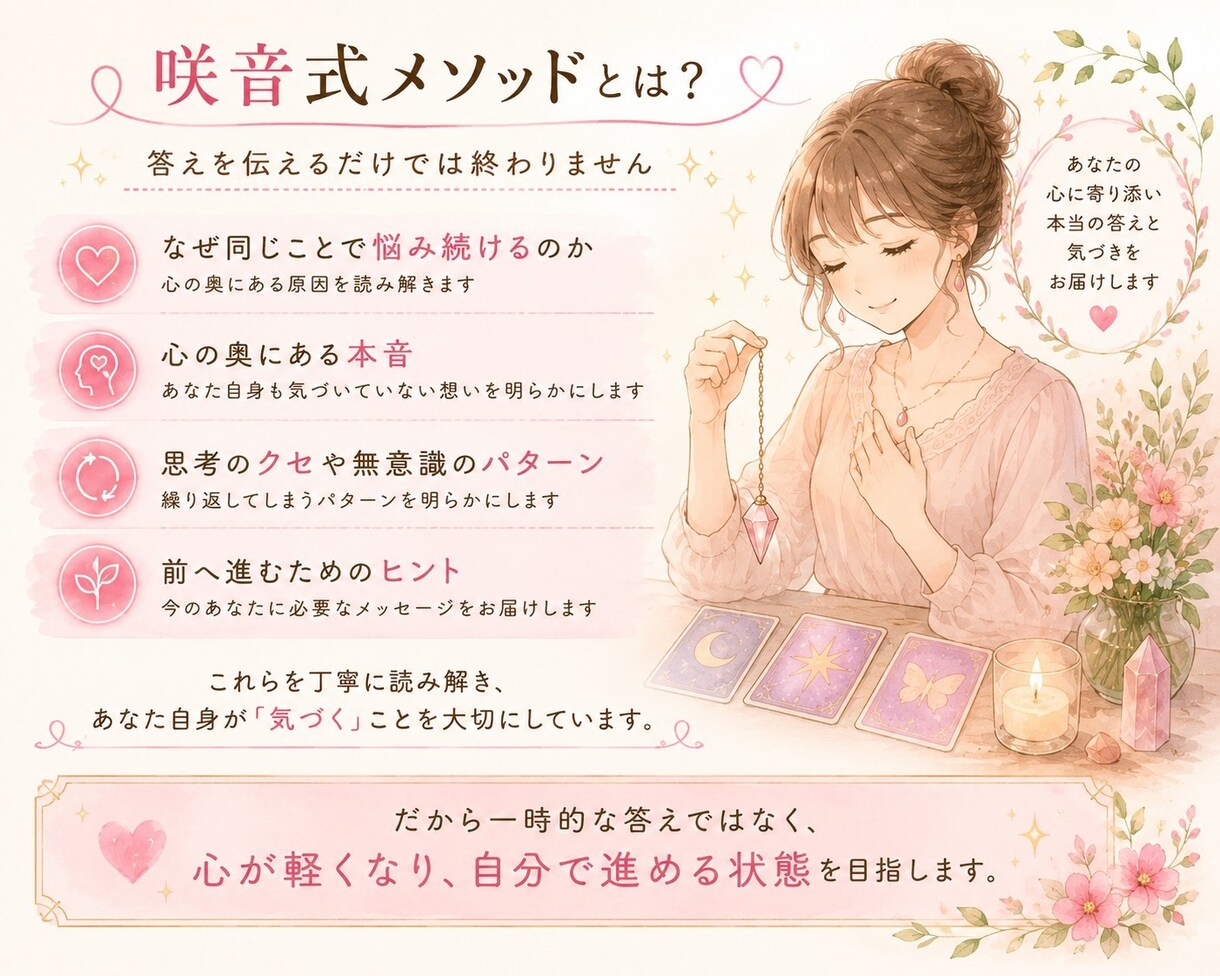 同じ悩みを繰り替えす理由を読み解きます 繰り返す悩みの原因を、心の奥から丁寧に読み解きます。 イメージ3