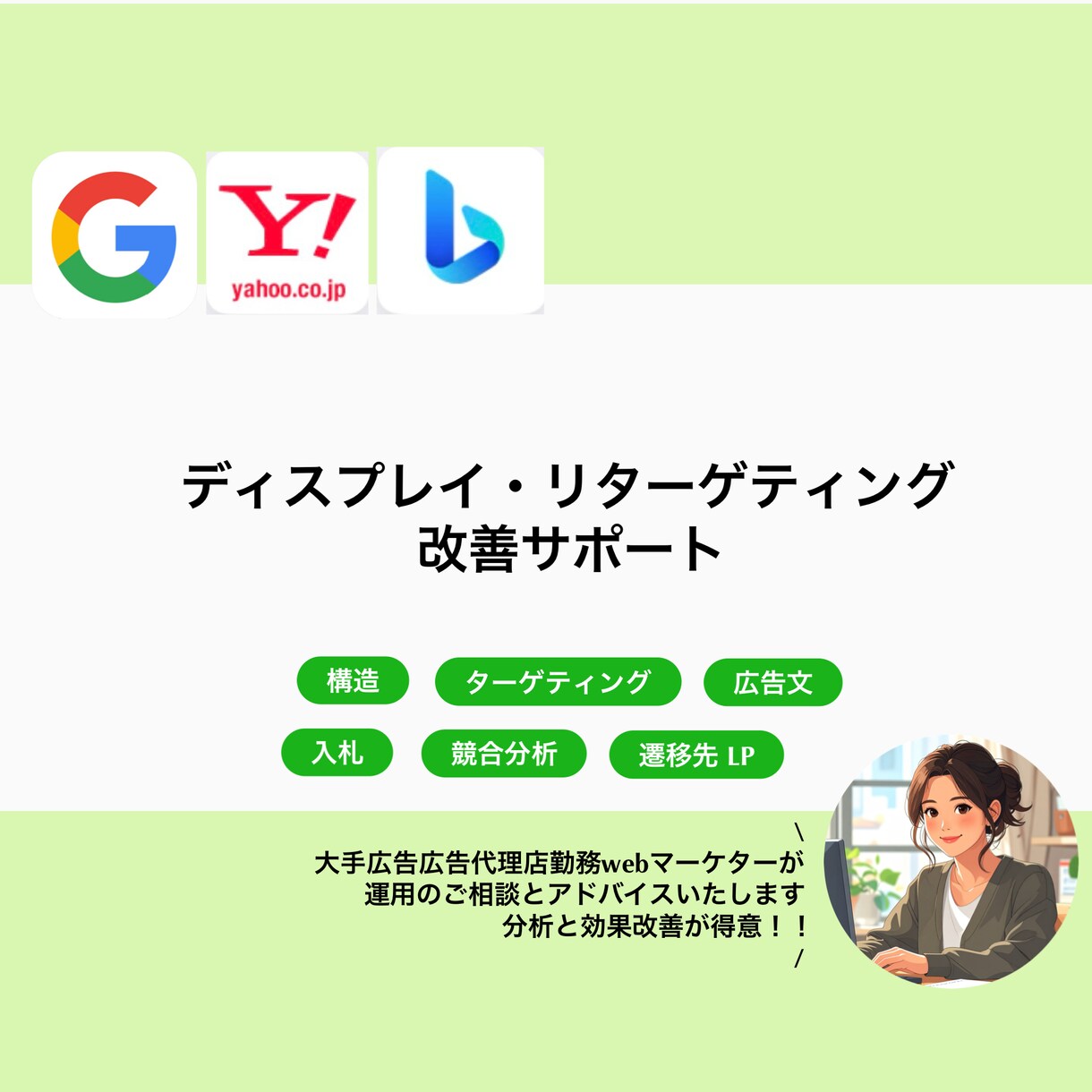 ディスプレイ・リターゲティングのサポートします 設定見直し、効果改善アドバイス、お悩み相談など イメージ1