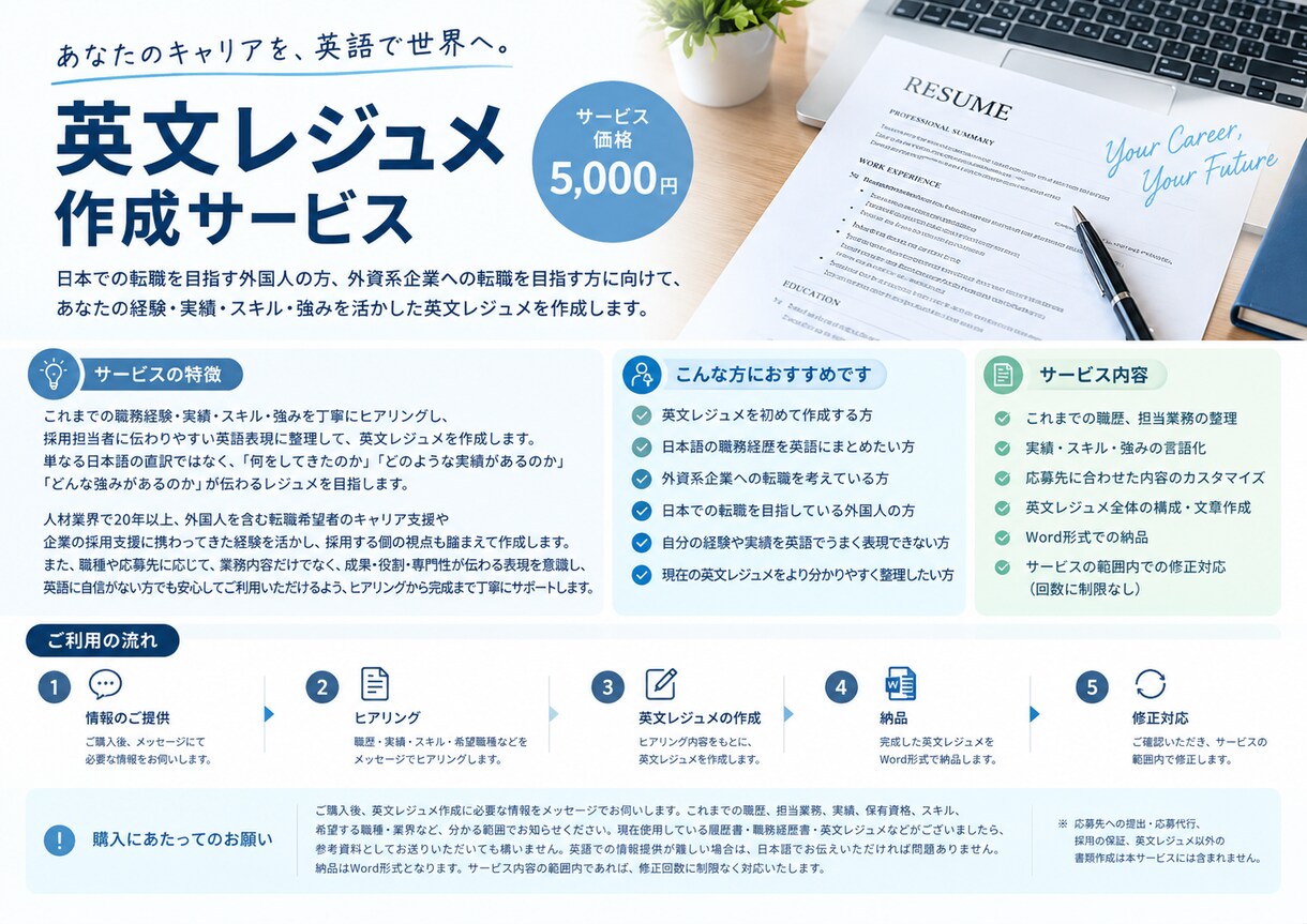 英文レジュメを作成します 英語が苦手な方でも大丈夫！強みをしっかりアピールします！ イメージ1