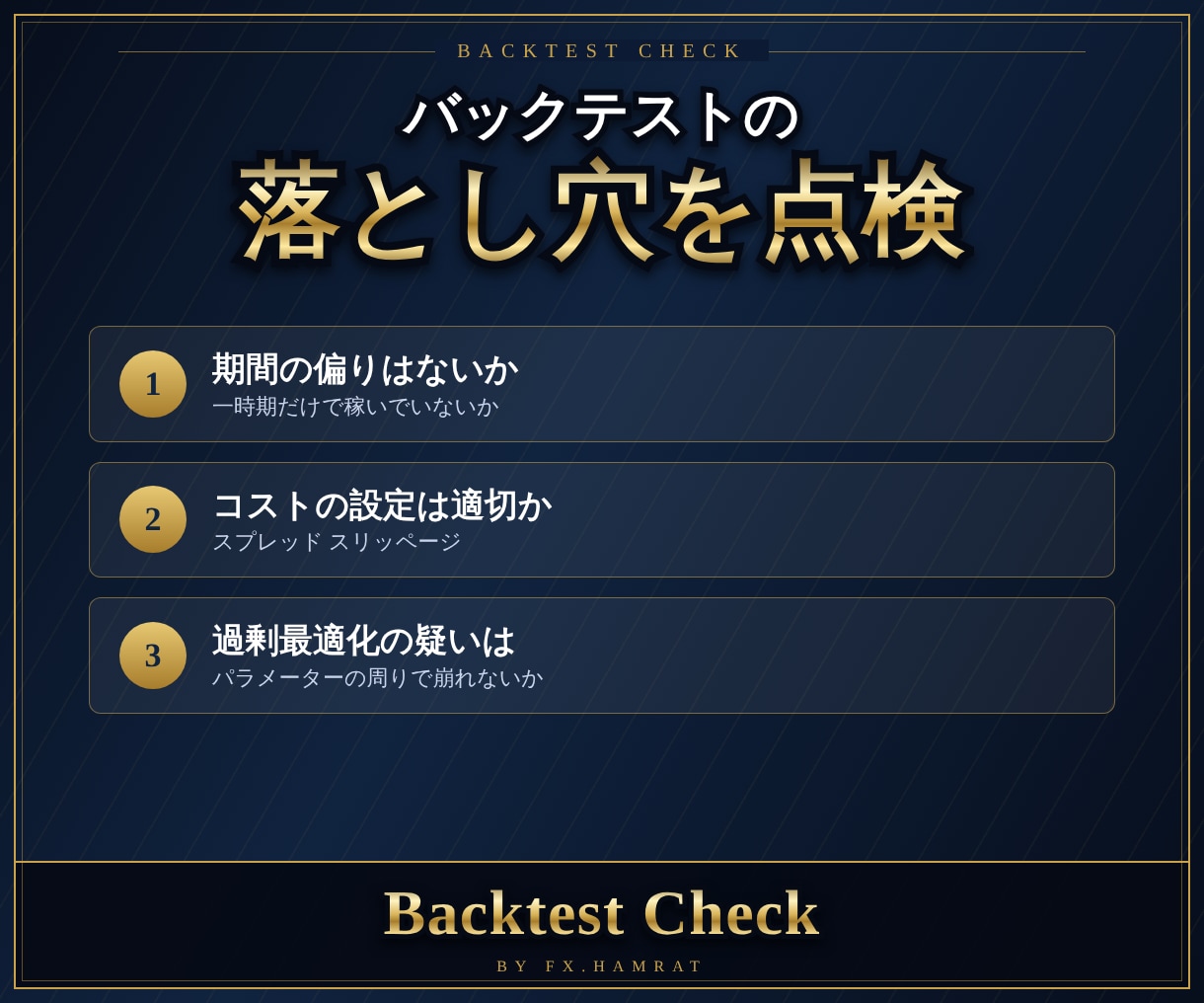 バックテスト結果の落とし穴をチェックします 過剰最適化・期間の偏り・コストの抜けを点検 イメージ1
