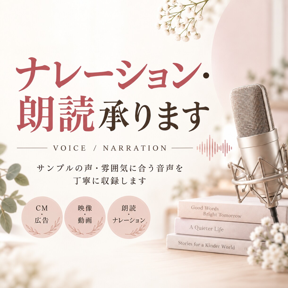 ナレーション・朗読などの音声を収録します サンプルの声・雰囲気に合う音声を丁寧に収録します イメージ1