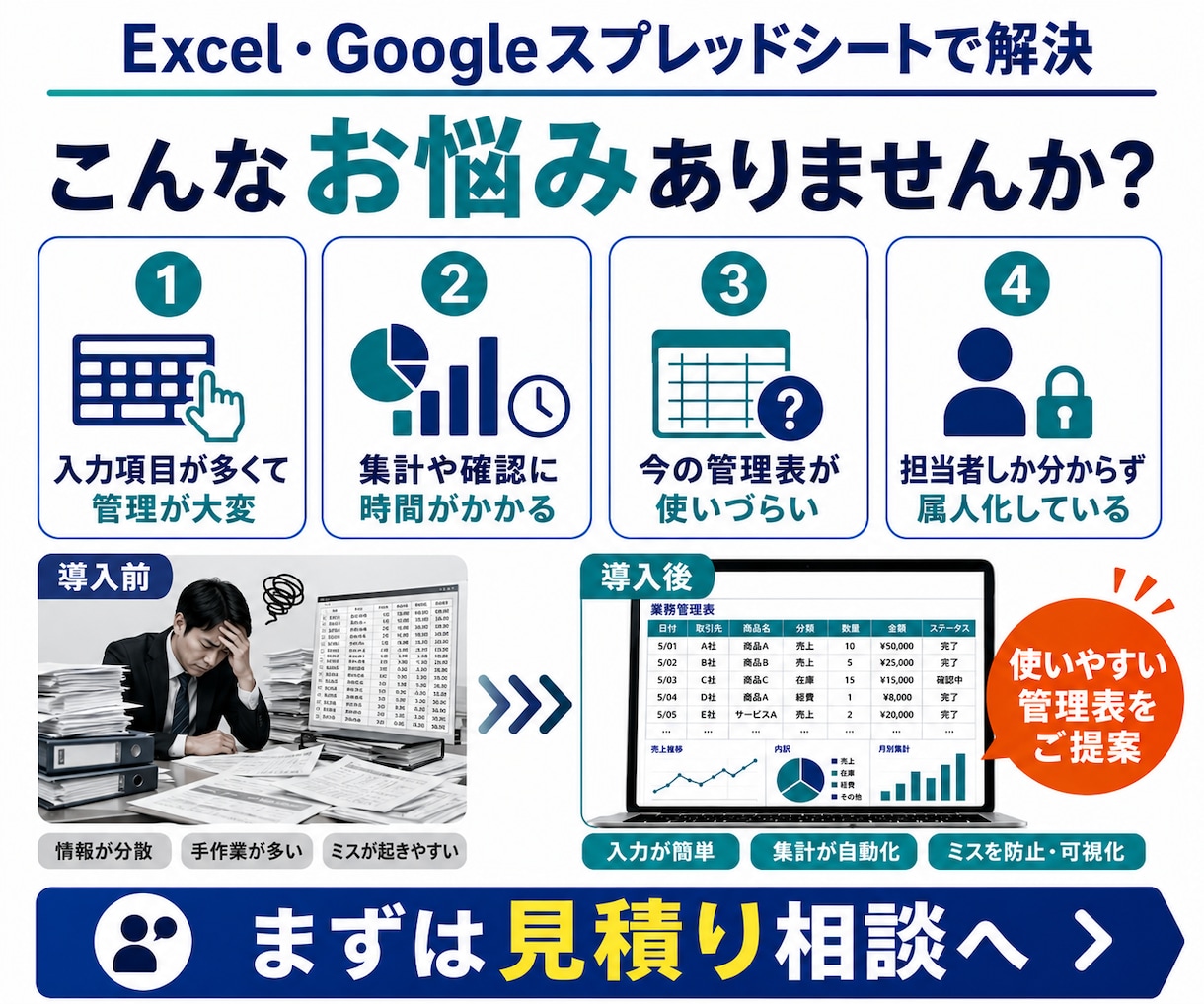 現場で使いやすい業務管理表を作成します 入力しやすく、集計しやすく、見返しやすい管理表を作成します イメージ2