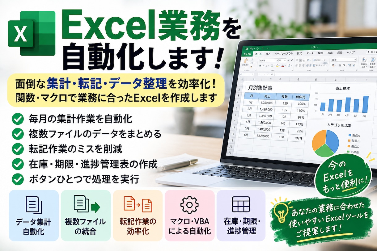 面倒な集計・転記・データ管理を効率化します 集計・転記・データ整理を効率化！関数・マクロでExcel作成 イメージ1