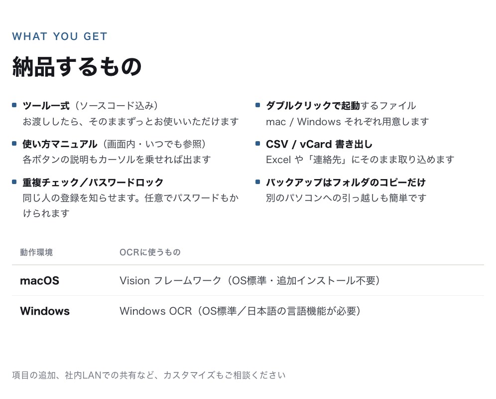 クラウド不使用の名刺管理ツールを構築します 自分のPCで完結。月額0円、情報は社外に出ません。 イメージ6