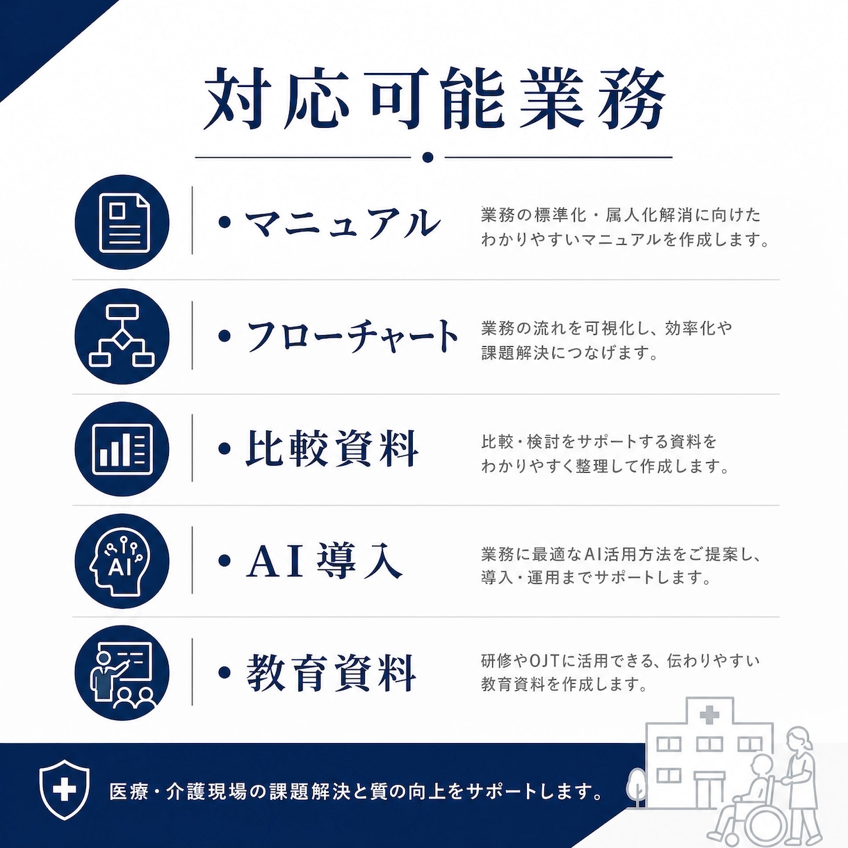 医療・介護現場の業務改善をお手伝いします 医療・介護施設の業務改善を支援します。 イメージ5