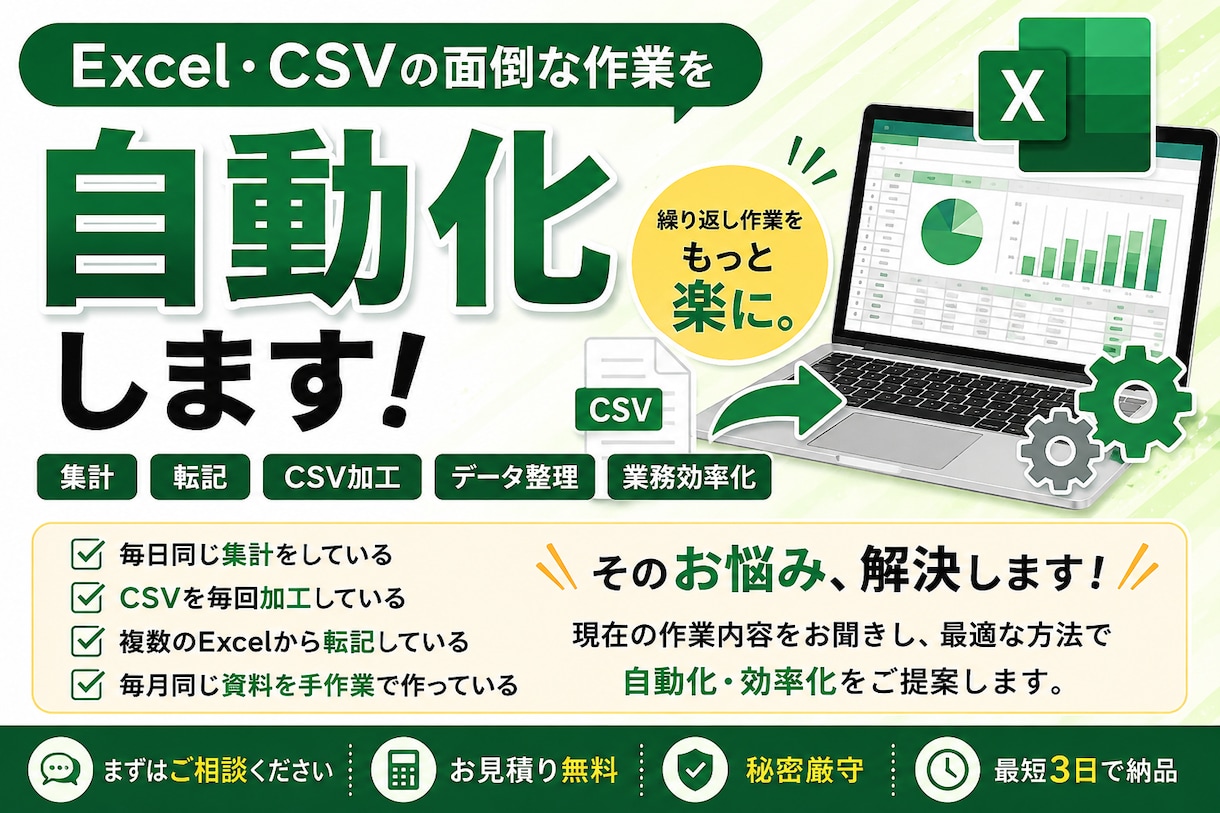 Excel・CSVの面倒な作業を自動化しますます 毎日の集計・転記・データ整理を楽にします イメージ1