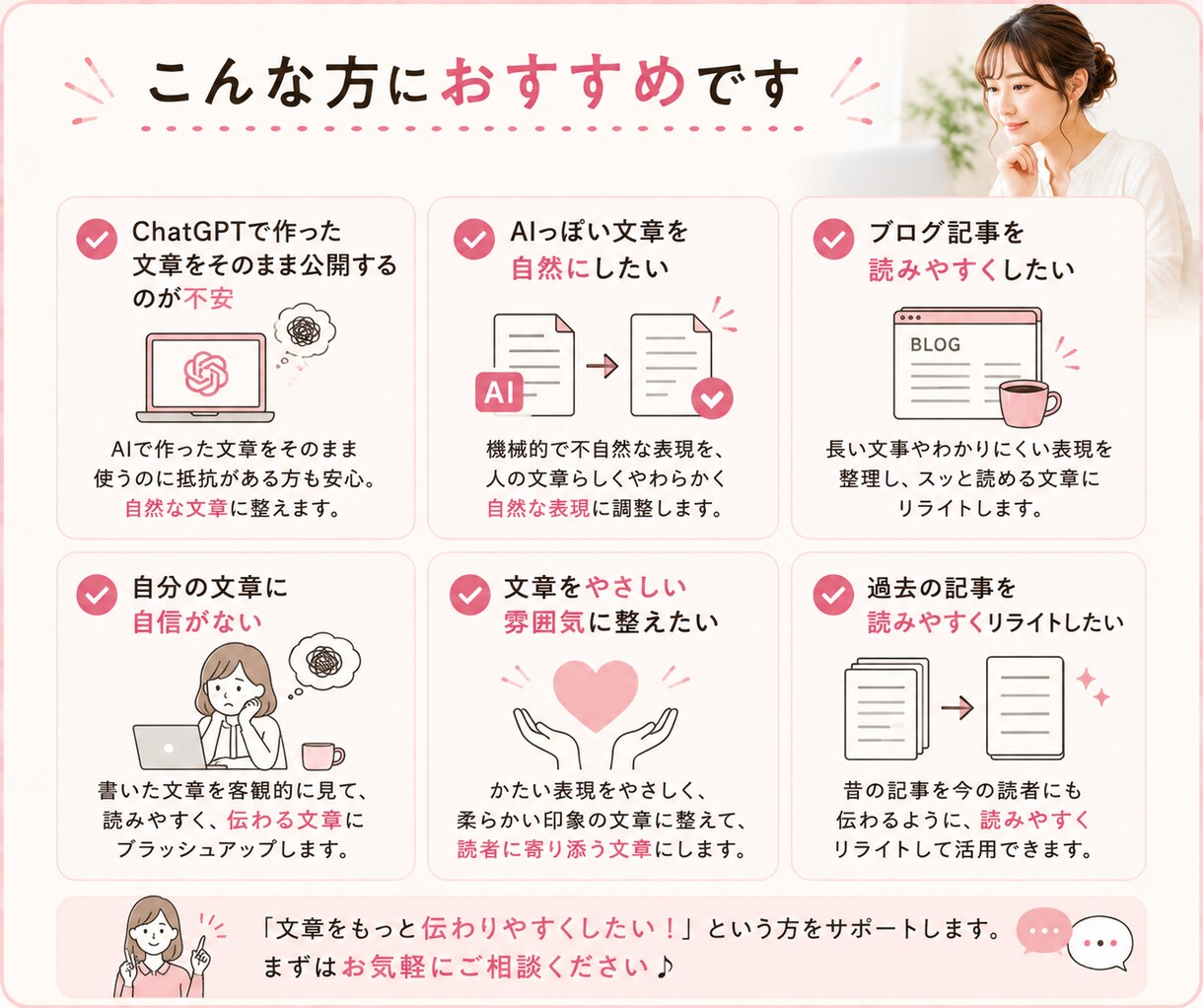 AI文章を自然で読みやすくリライトします ChatGPTなどで作った文章を「伝わる文章」に整えます！ イメージ3