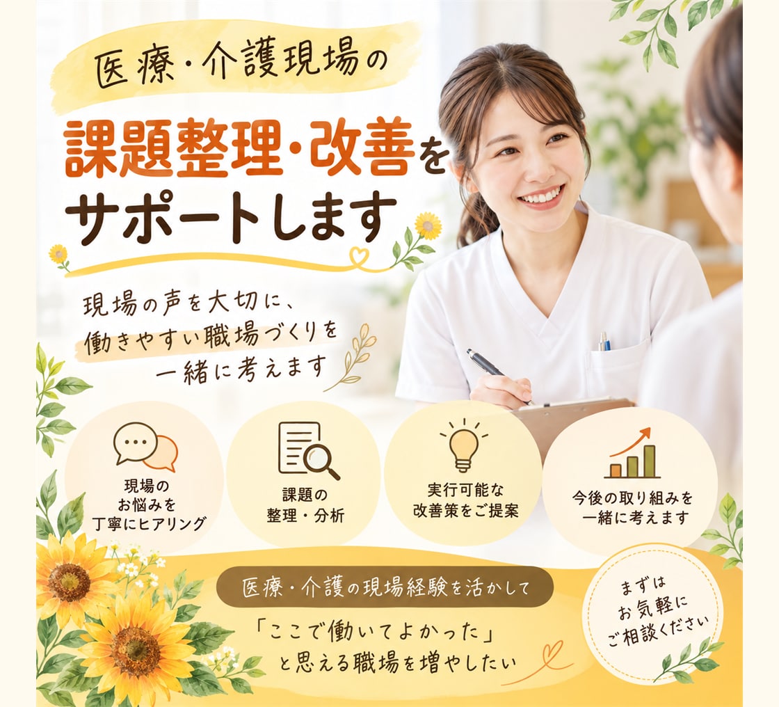 医療・介護現場の課題整理・改善をサポートします 現場の声を大切に、課題の分析から改善策の提案まで支援します イメージ1