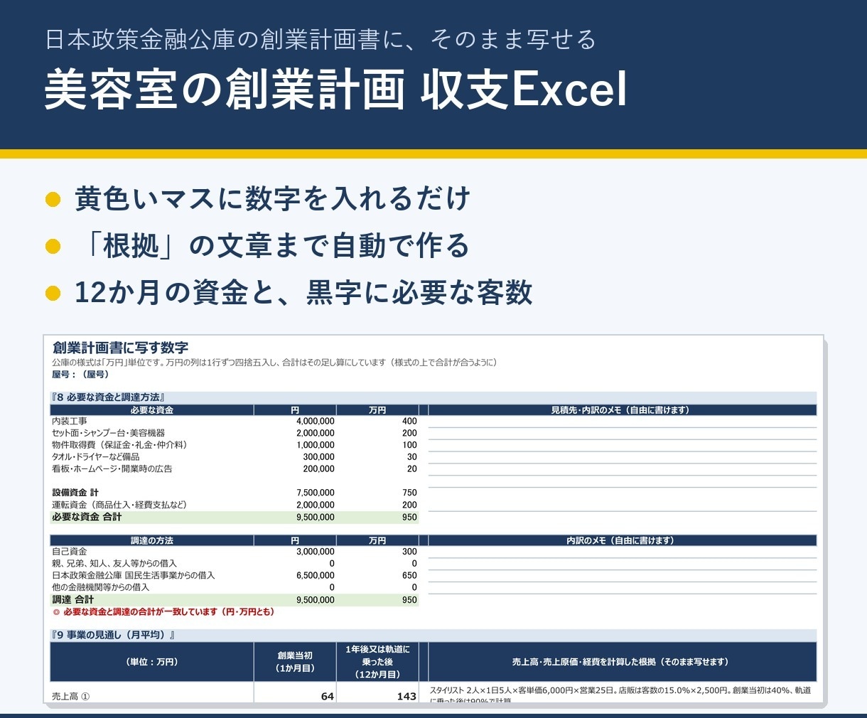 美容室の創業融資用 収支計画Excelを販売します 公庫の創業計画書に写すだけ。根拠の文章も自動 イメージ1