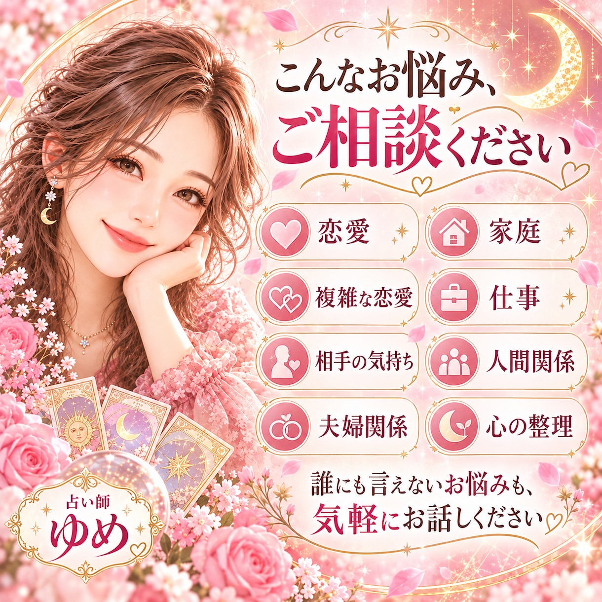 恋愛・仕事・人間関係のお悩みを本音で占います 寄り添いながら、良いことも厳しいこともハッキリお伝えします イメージ1