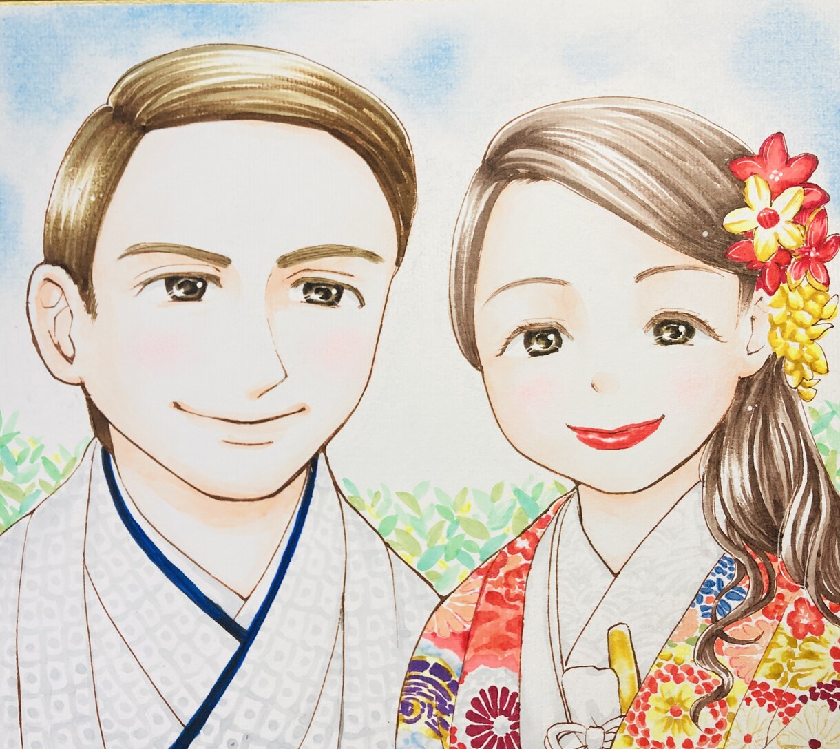 和装の似顔絵やイラストを心を込めてお描きします ウェルカムボード、結婚などのお祝いに！柄まで極力再現します