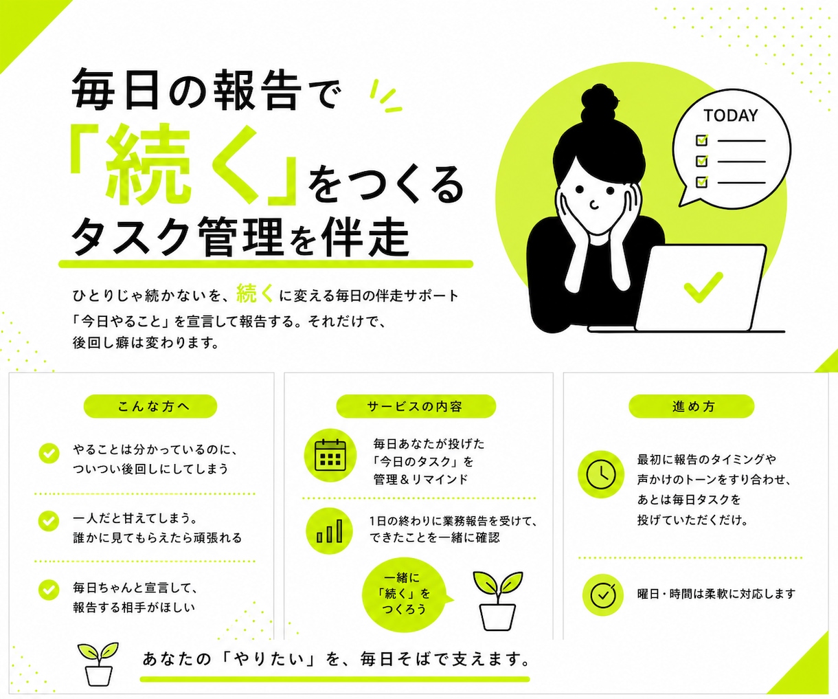 毎日の報告で「続く」をつくるタスク管理を伴走します ひとりじゃ続かないを、続くに変える毎日の伴走サポート イメージ1